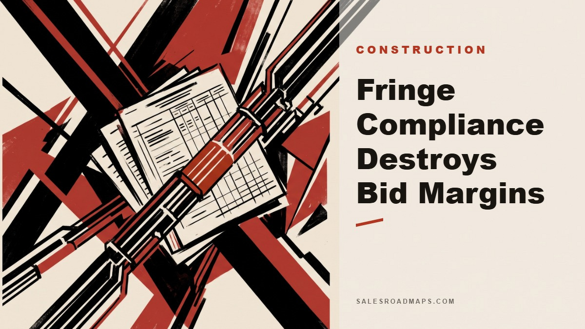 Social card for salesroadmaps.com: "Fringe Compliance Destroys Bid Margins", flat-design graphic, split layout, paper palette, checklist motif.