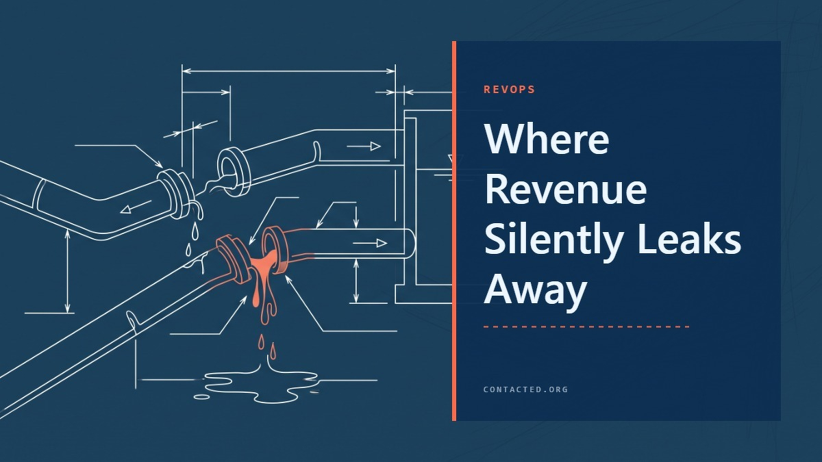 Social card for contacted.org: "Where Revenue Silently Leaks Away", flat-design graphic, split layout, cobalt palette, link motif.