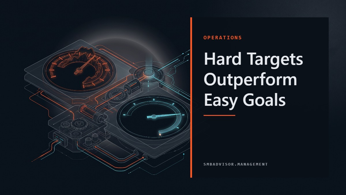 Social card for smbadvisor.management: "Hard Targets Outperform Easy Goals", flat-design graphic, split layout, chart motif.