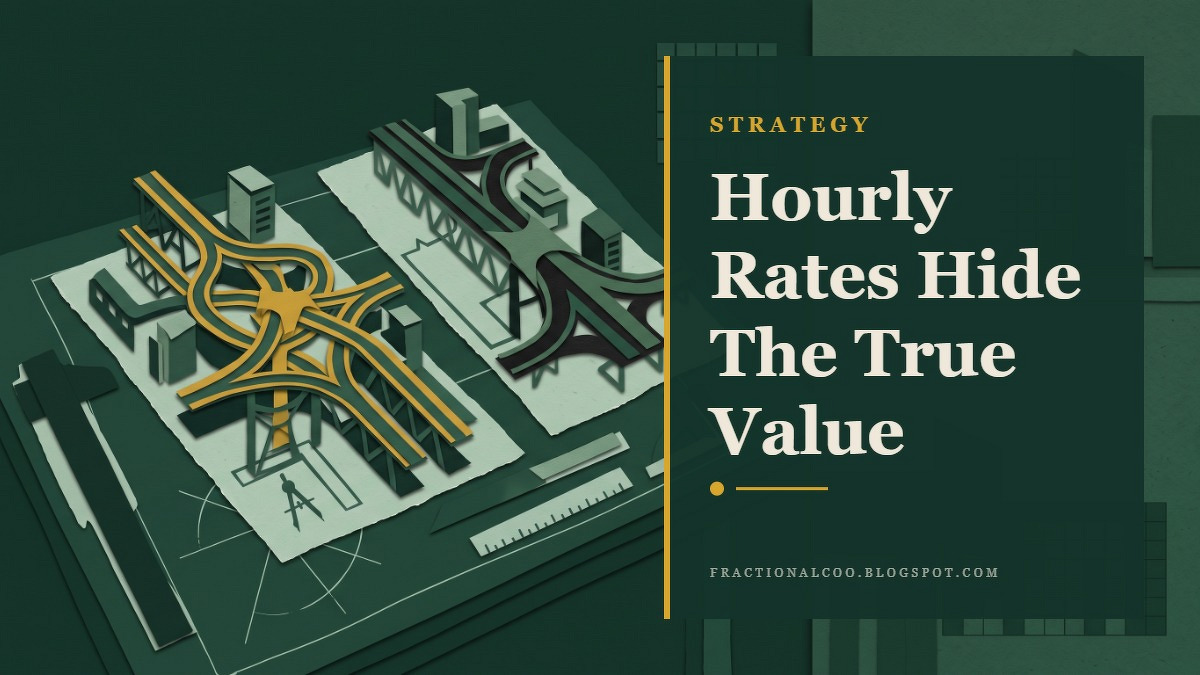 Social card for fractionalcoo.blogspot.com: "Hourly Rates Hide The True Value", flat-design graphic, split layout, ink palette, dollar motif.