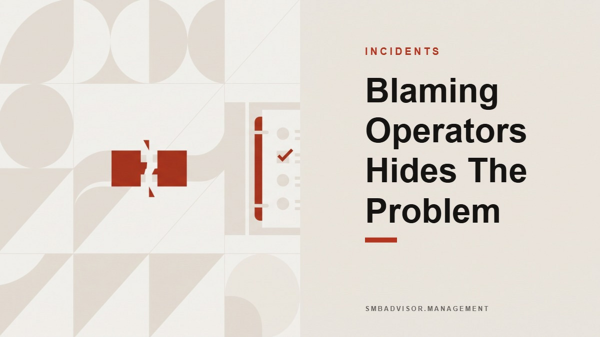 Social card for smbadvisor.management: "Blaming Operators Hides The Problem", flat-design graphic, split layout, paper palette, warning motif.