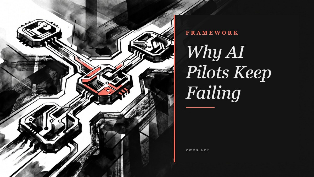 Social card for vwcg.app: "Why AI Pilots Keep Failing", flat-design graphic, split layout, cobalt palette, roadmap motif.