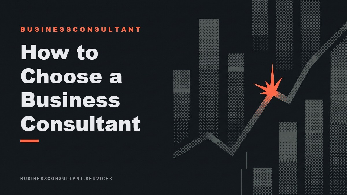 Social card for businessconsultant.services: "How to Choose a Business Consultant", flat-design graphic, split layout, chart motif.