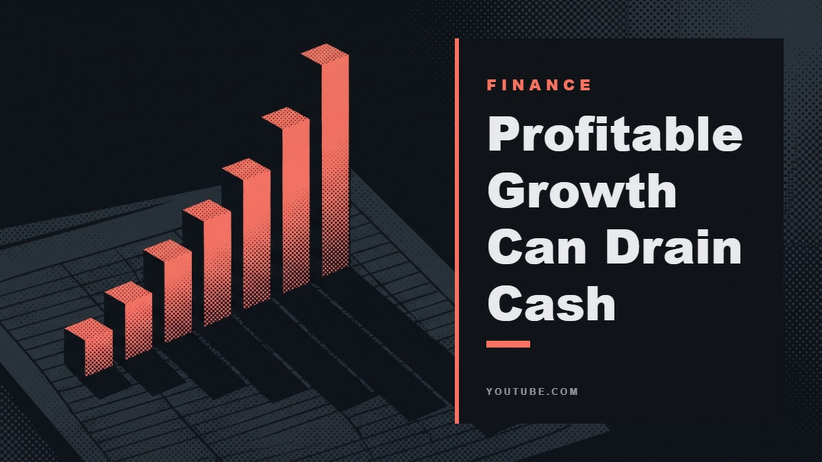 Social card for youtube.com: "Profitable Growth Can Drain Cash", flat-design graphic, split layout, ink palette, warning motif.