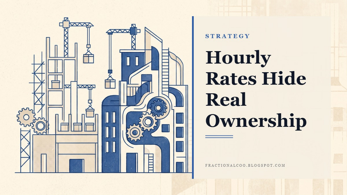 Social card for fractionalcoo.blogspot.com: "Hourly Rates Hide Real Ownership", flat-design graphic, split layout, oxblood palette, chart motif.