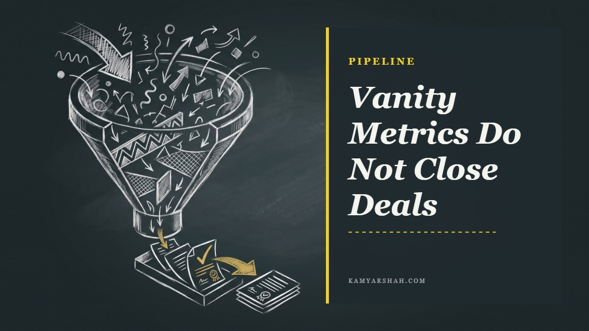 Social card for kamyarshah.com: "Vanity Metrics Do Not Close Deals", flat-design graphic, split layout, ink palette, chart motif.