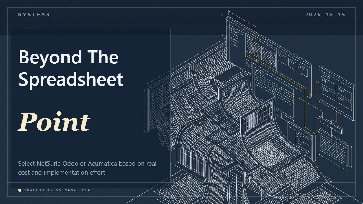 Social card for smallbusiness.management: "Beyond The Spreadsheet Breaking Point", flat-design graphic, split layout, teal palette, roadmap motif.