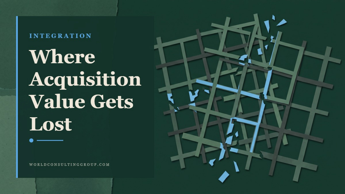 Social card for worldconsultinggroup.com: "Where Acquisition Value Gets Lost", flat-design graphic, split layout, forest palette, roadmap motif.