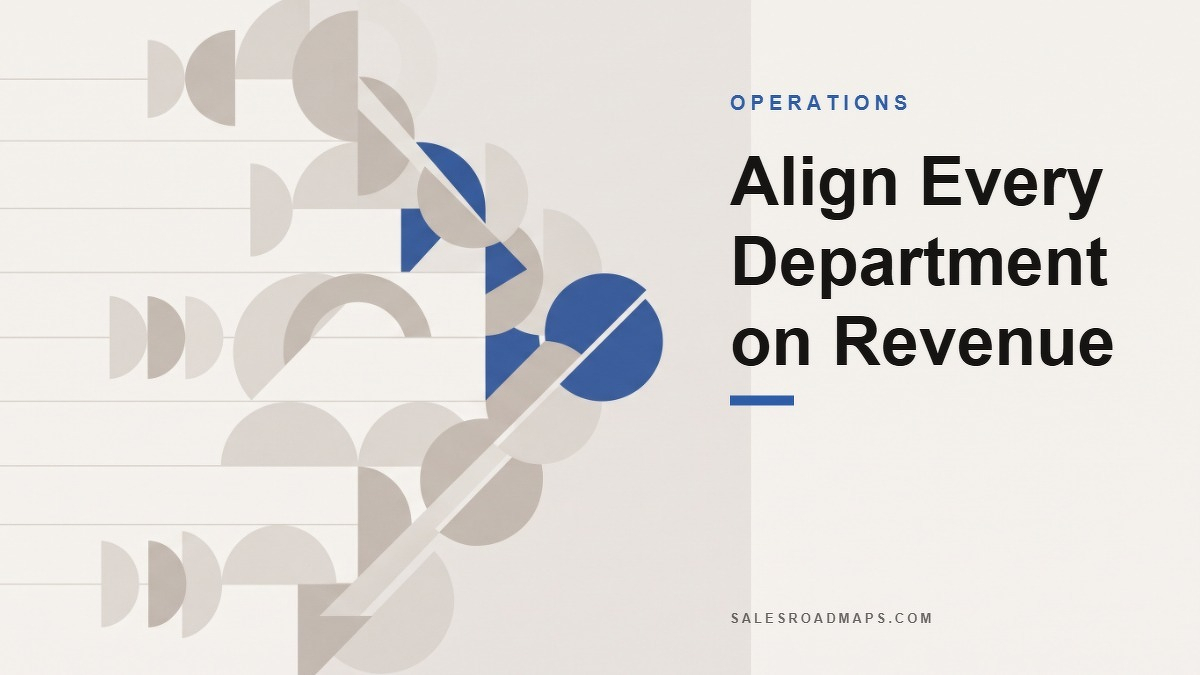 Social card for salesroadmaps.com: "Align Every Department on Revenue", flat-design graphic, split layout, oxblood palette, roadmap motif.