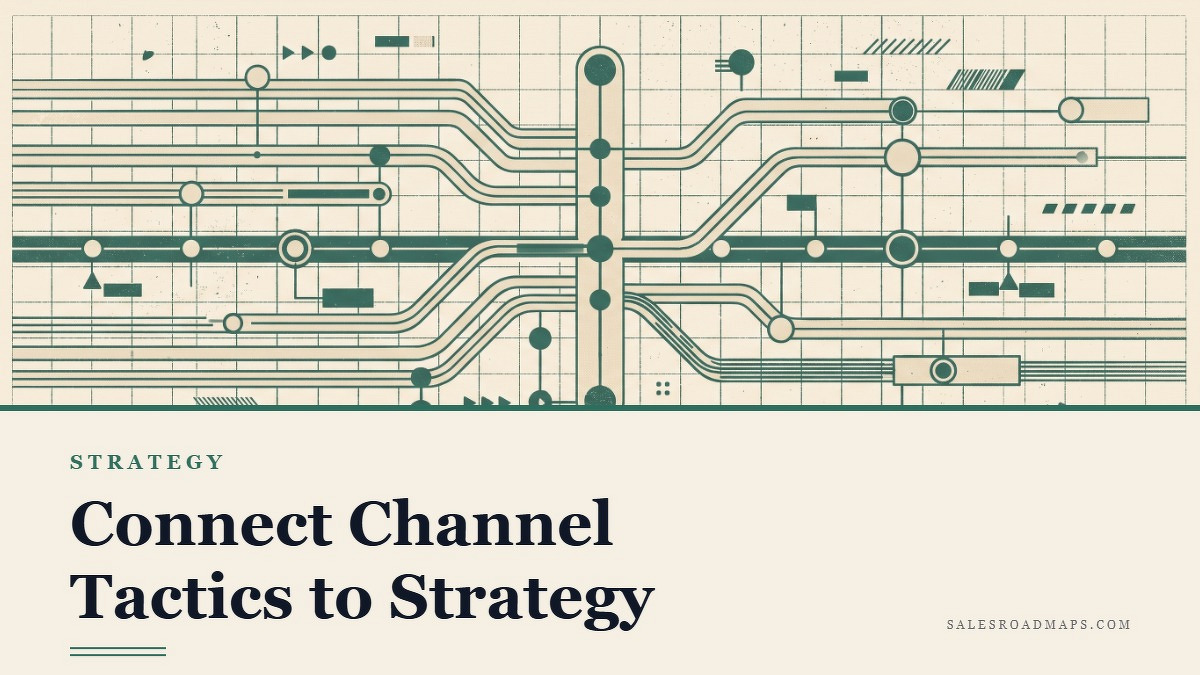 Social card for salesroadmaps.com: "Connect Channel Tactics to Strategy", flat-design graphic, split layout, oxblood palette, roadmap motif.
