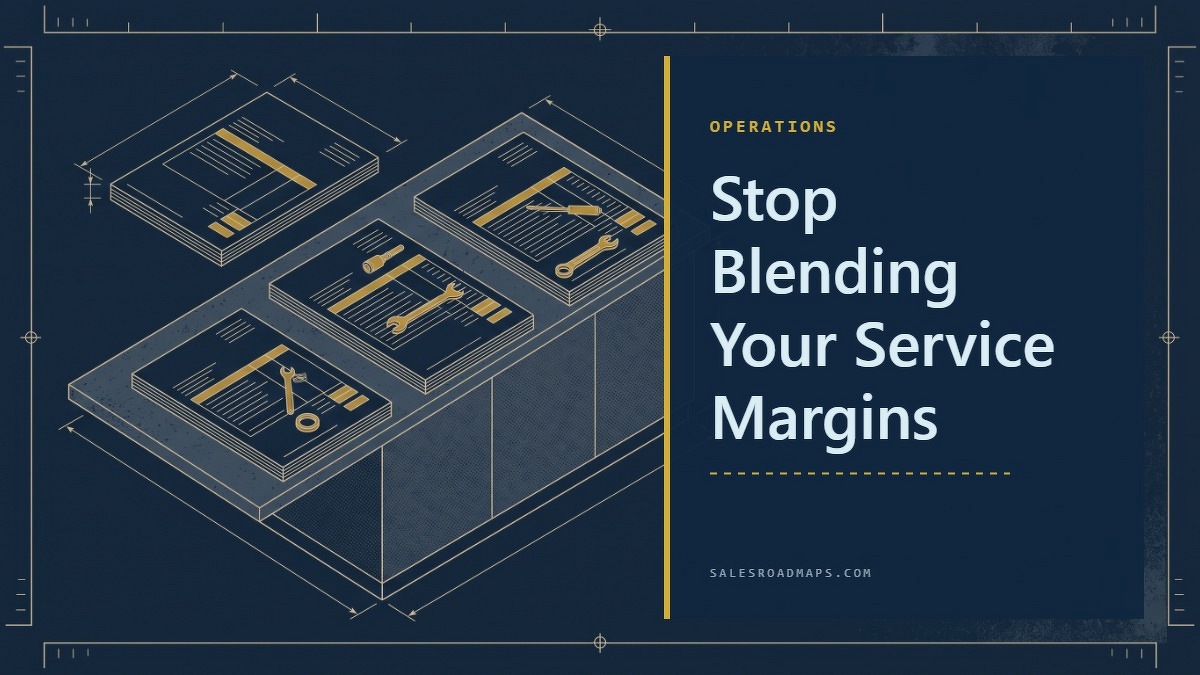 Social card for salesroadmaps.com: "Stop Blending Your Service Margins", flat-design graphic, slab layout, teal palette, chart motif.