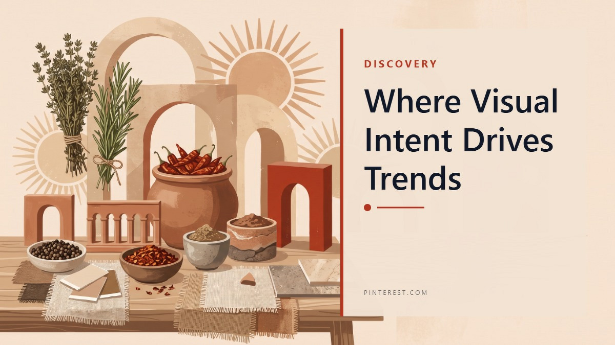 Social card for pinterest.com: "Where Visual Intent Drives Trends", flat-design graphic, split layout, paper palette, roadmap motif.