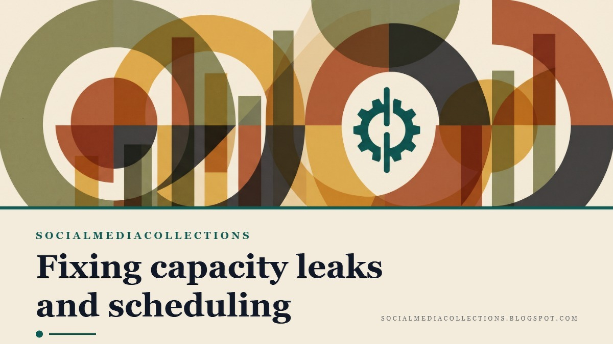 Social card for socialmediacollections.blogspot.com: "Fixing capacity leaks and scheduling flaws", flat-design graphic, diagonal layout, chart motif.