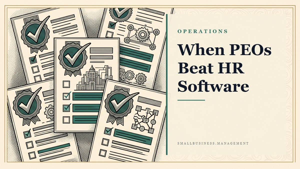 Social card for smallbusiness.management: "When PEOs Beat HR Software", flat-design graphic, split layout, teal palette, checklist motif.