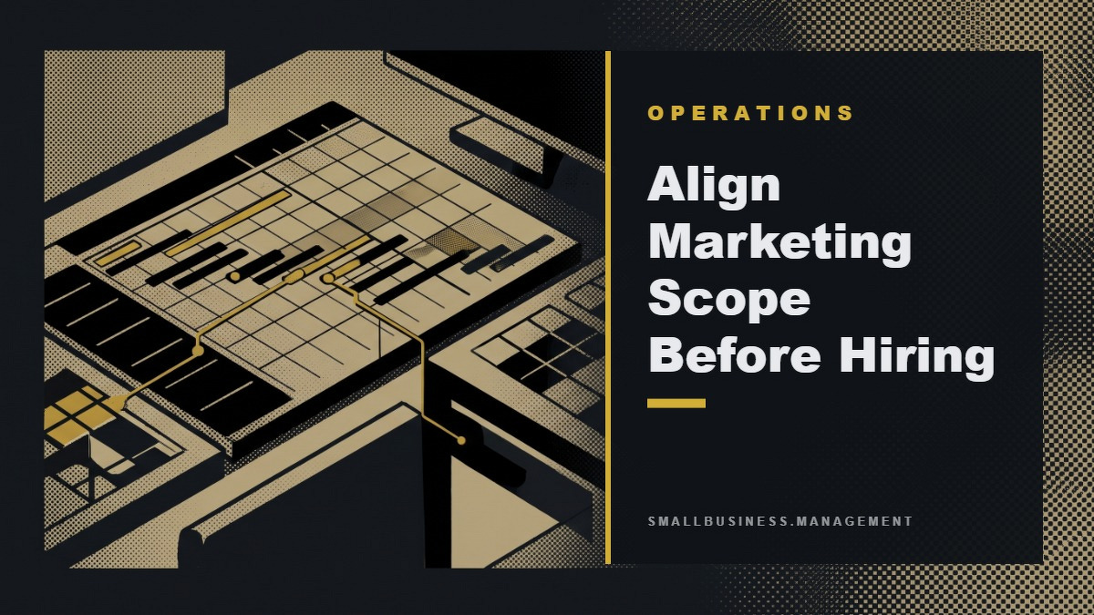 Social card for smallbusiness.management: "Align Marketing Scope Before Hiring", flat-design graphic, slab layout, forest palette, roadmap motif.