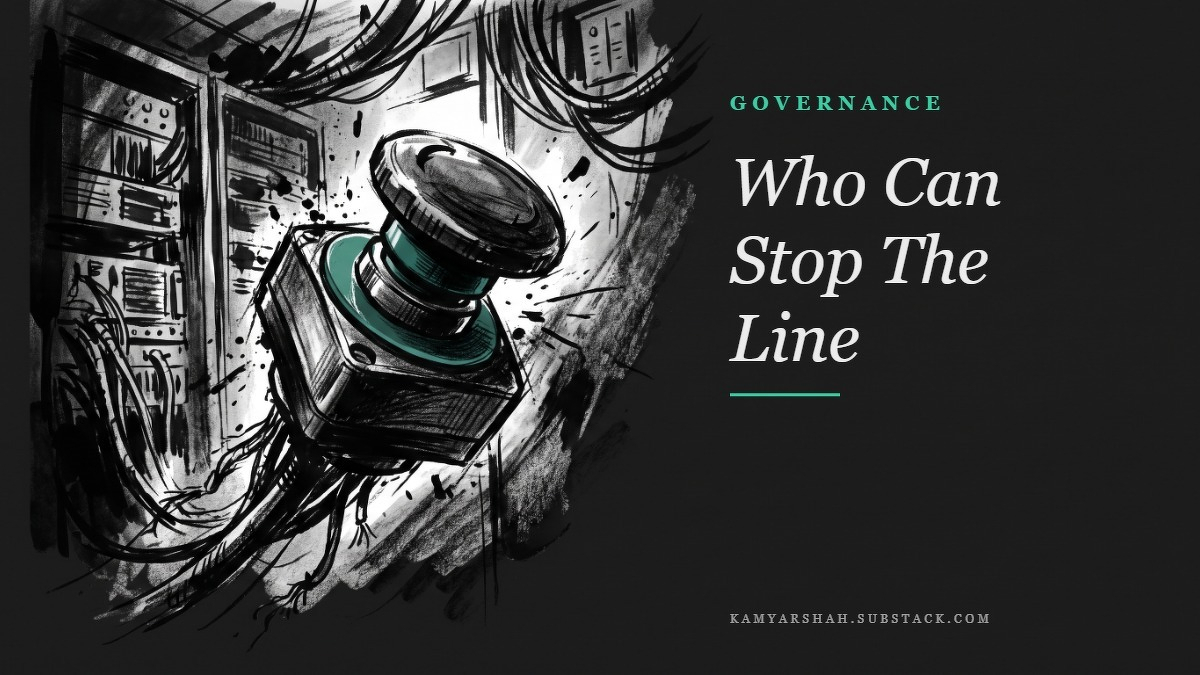 Social card for kamyarshah.substack.com: "Who Can Stop The Line", flat-design graphic, split layout, slate palette, warning motif.