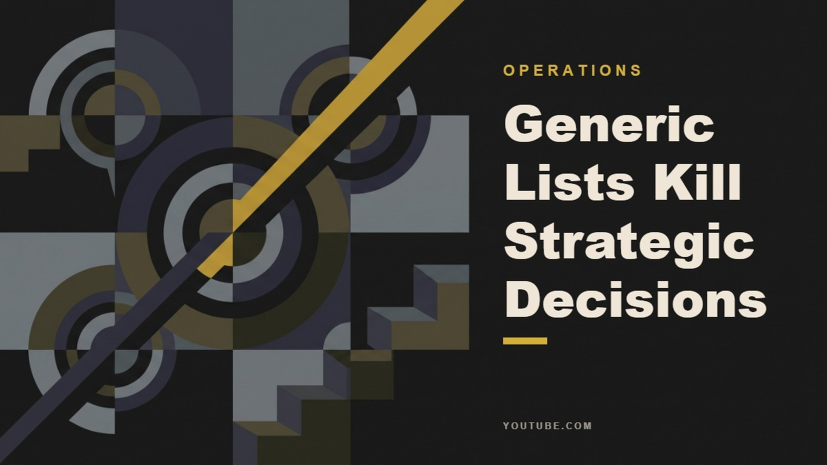 Social card for youtube.com: "Generic Lists Kill Strategic Decisions", flat-design graphic, split layout, ink palette, warning motif.
