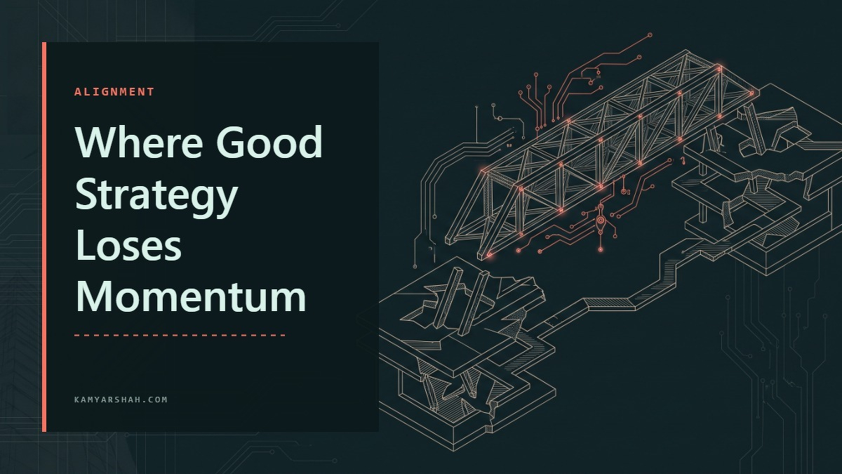 Social card for kamyarshah.com: "Where Good Strategy Loses Momentum", flat-design graphic, diagonal layout, teal palette, link motif.