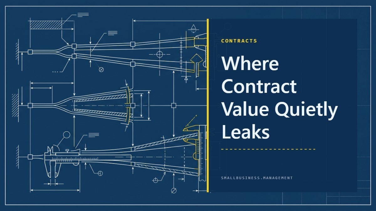 Social card for smallbusiness.management: "Where Contract Value Quietly Leaks", flat-design graphic, diagonal layout, trend-down motif.