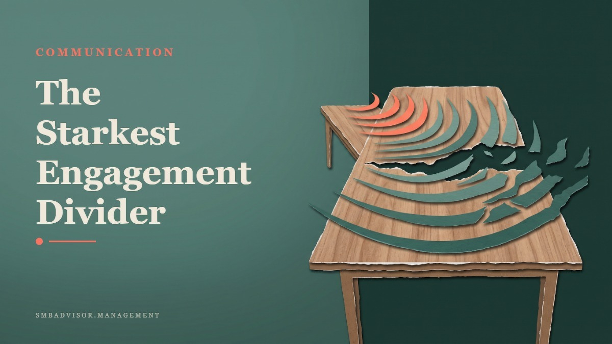 Social card for smbadvisor.management: "The Starkest Engagement Divider", flat-design graphic, split layout, paper palette, chart motif.
