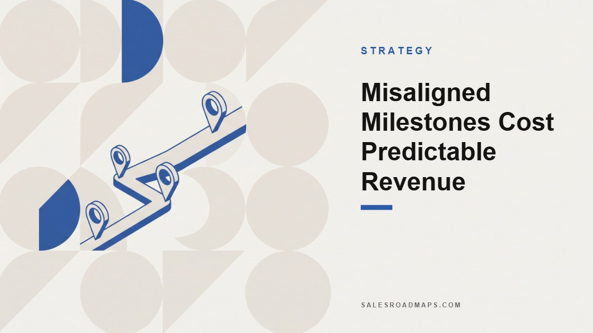 Social card for salesroadmaps.com: "Misaligned Milestones Cost Predictable Revenue", flat-design graphic, slab layout, oxblood palette, roadmap motif.