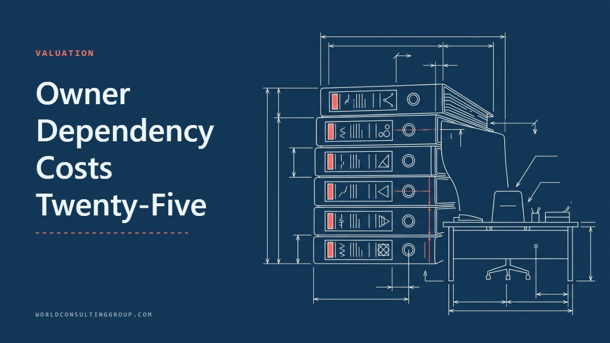 Social card for worldconsultinggroup.com: "Owner Dependency Costs Twenty-Five Percent", flat-design graphic, split layout, cobalt palette, chart motif.