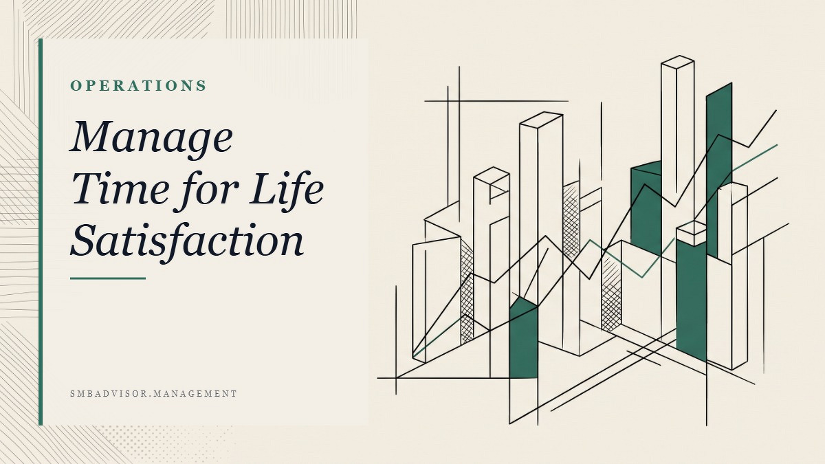 Social card for smbadvisor.management: "Manage Time for Life Satisfaction", flat-design graphic, split layout, forest palette, chart motif.