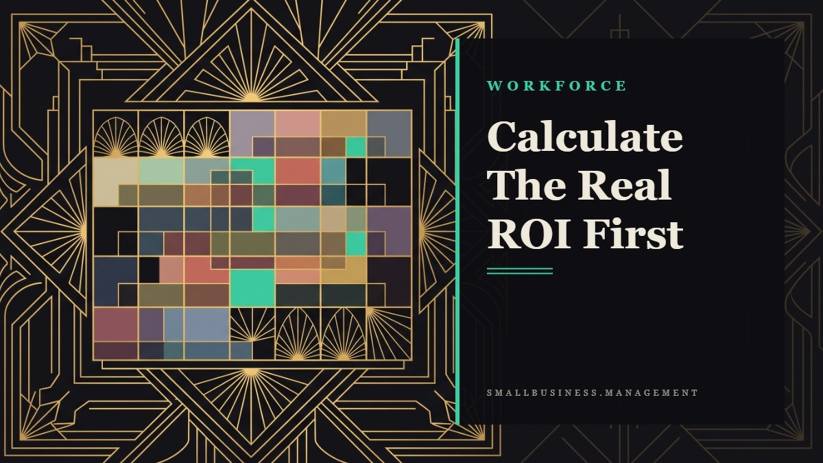 Social card for smallbusiness.management: "Calculate The Real ROI First", flat-design graphic, split layout, plum palette, chart motif.