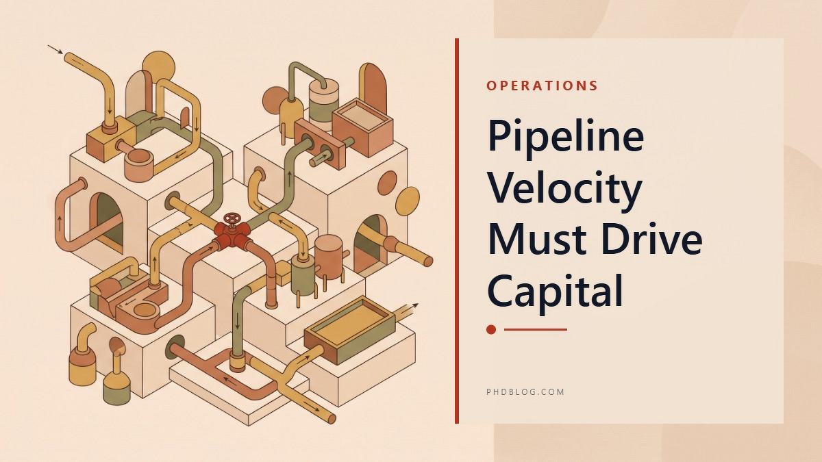 Social card for phdblog.com: "Pipeline Velocity Must Drive Capital", flat-design graphic, split layout, paper palette, chart motif.