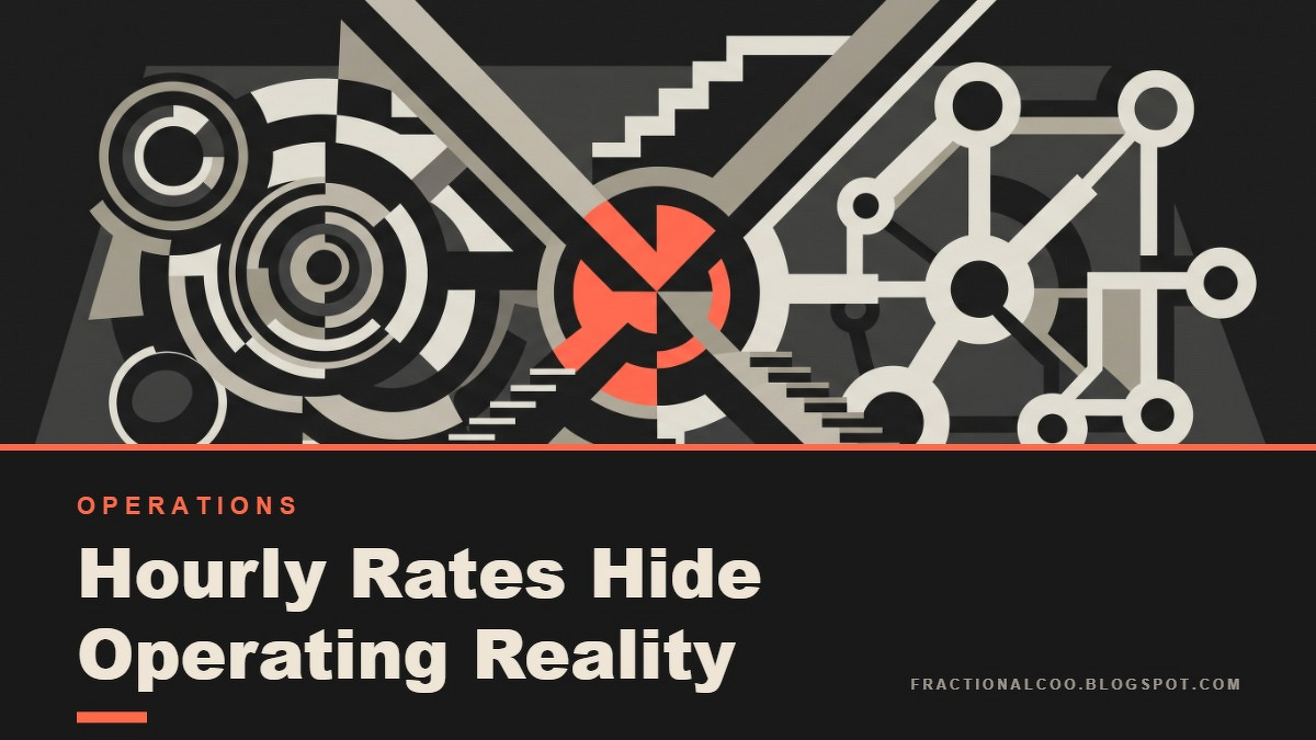 Social card for fractionalcoo.blogspot.com: "Hourly Rates Hide Operating Reality", flat-design graphic, split layout, ink palette, warning motif.