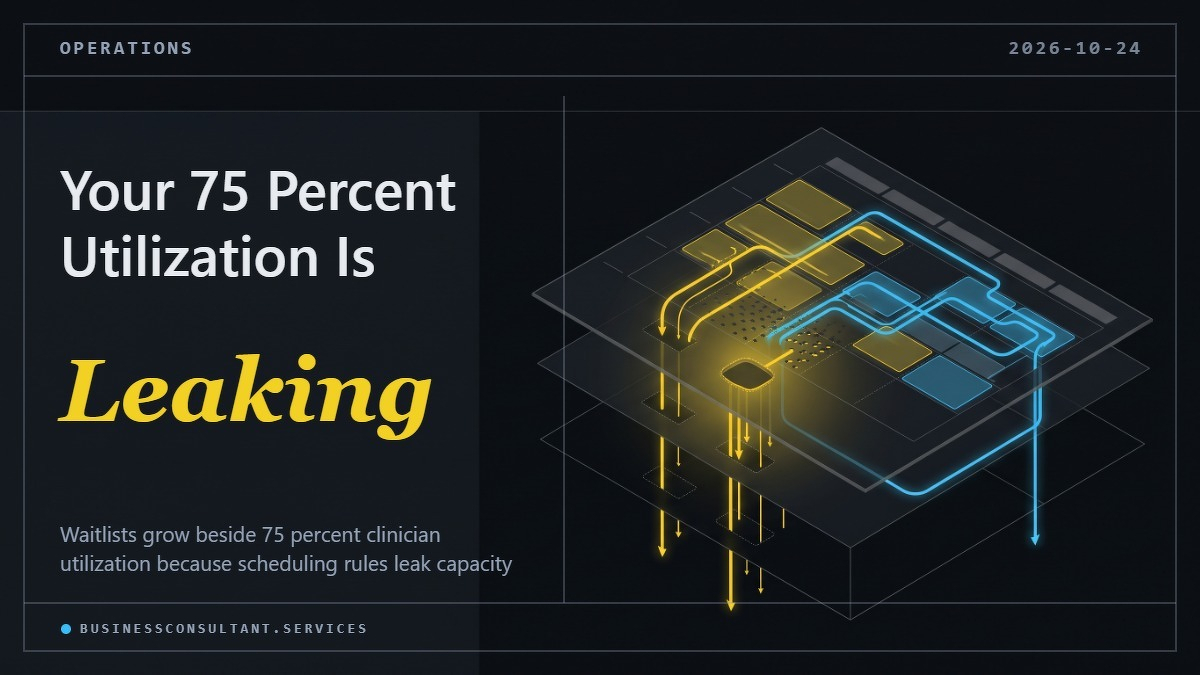 Social card for businessconsultant.services: "Your 75 Percent Utilization Is Leaking", flat-design graphic, slab layout, chart motif.
