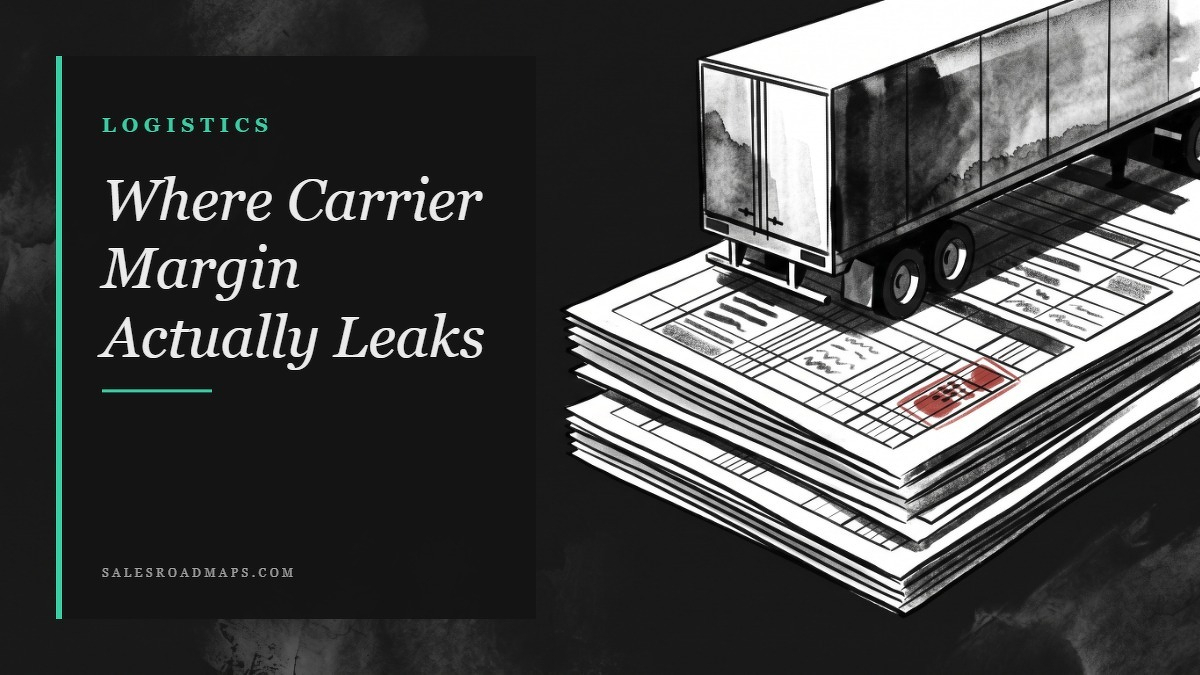Social card for salesroadmaps.com: "Where Carrier Margin Actually Leaks", flat-design graphic, split layout, oxblood palette, truck motif.