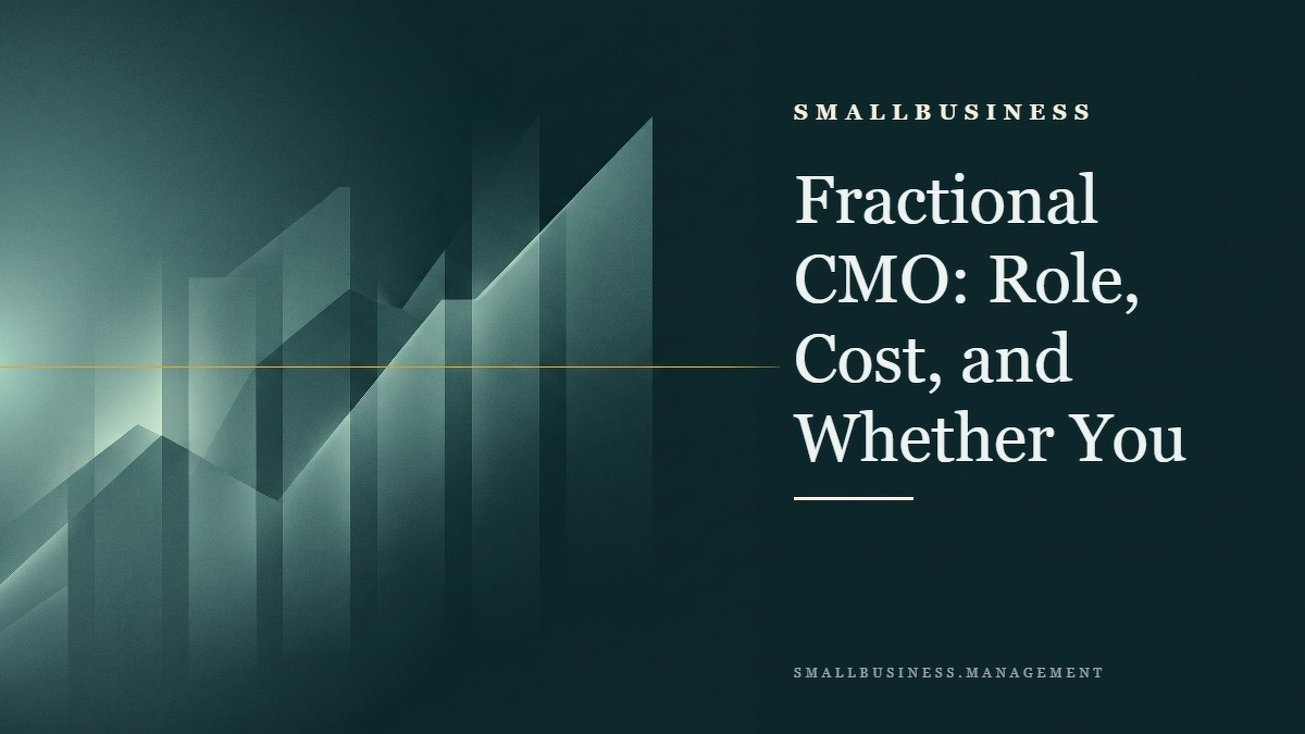 Social card for smallbusiness.management: "Fractional CMO: Role, Cost, and Whether You", flat-design graphic, split layout, chart motif.
