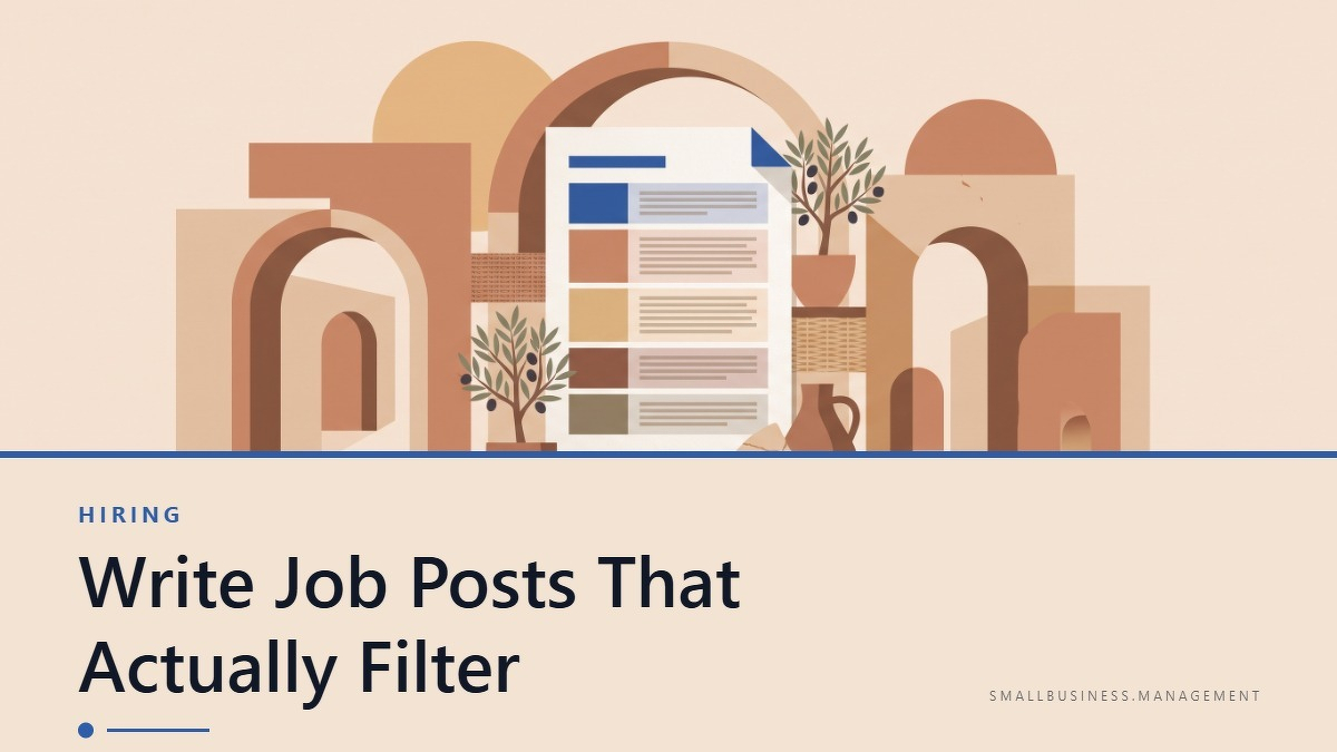 Social card for smallbusiness.management: "Write Job Posts That Actually Filter", flat-design graphic, split layout, paper palette, checklist motif.