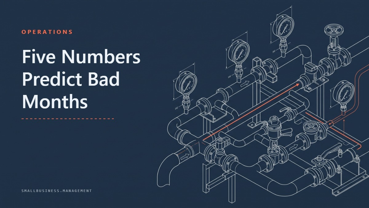 Social card for smallbusiness.management: "Five Numbers Predict Bad Months", flat-design graphic, split layout, paper palette, chart motif.