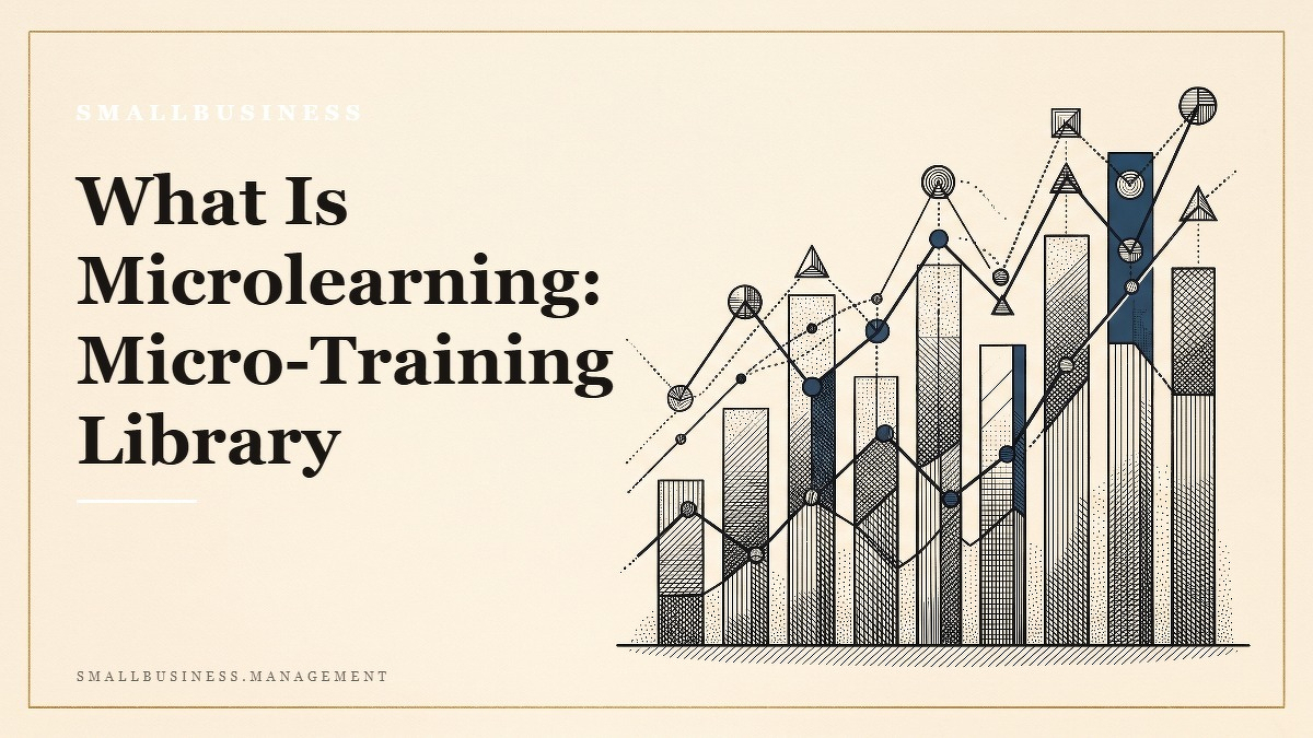 Social card for smallbusiness.management: "What Is Microlearning: Micro-Training Library Build", flat-design graphic, slab layout, chart motif.
