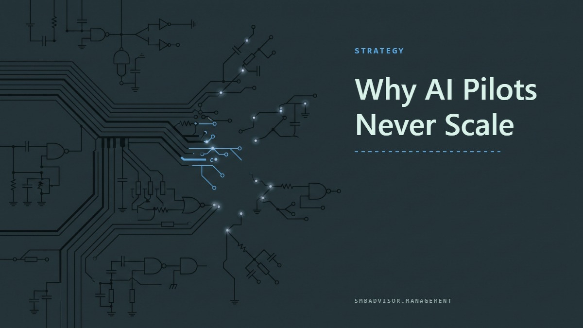 Social card for smbadvisor.management: "Why AI Pilots Never Scale", flat-design graphic, split layout, oxblood palette, roadmap motif.