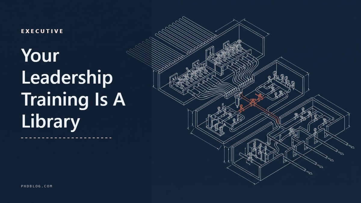 Social card for phdblog.com: "Your Leadership Training Is A Library", flat-design graphic, split layout, roadmap motif.