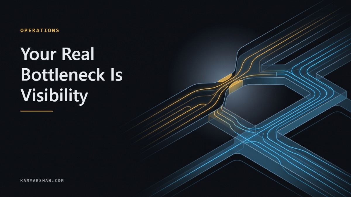 Social card for kamyarshah.com: "Your Real Bottleneck Is Visibility", flat-design graphic, split layout, chart motif.