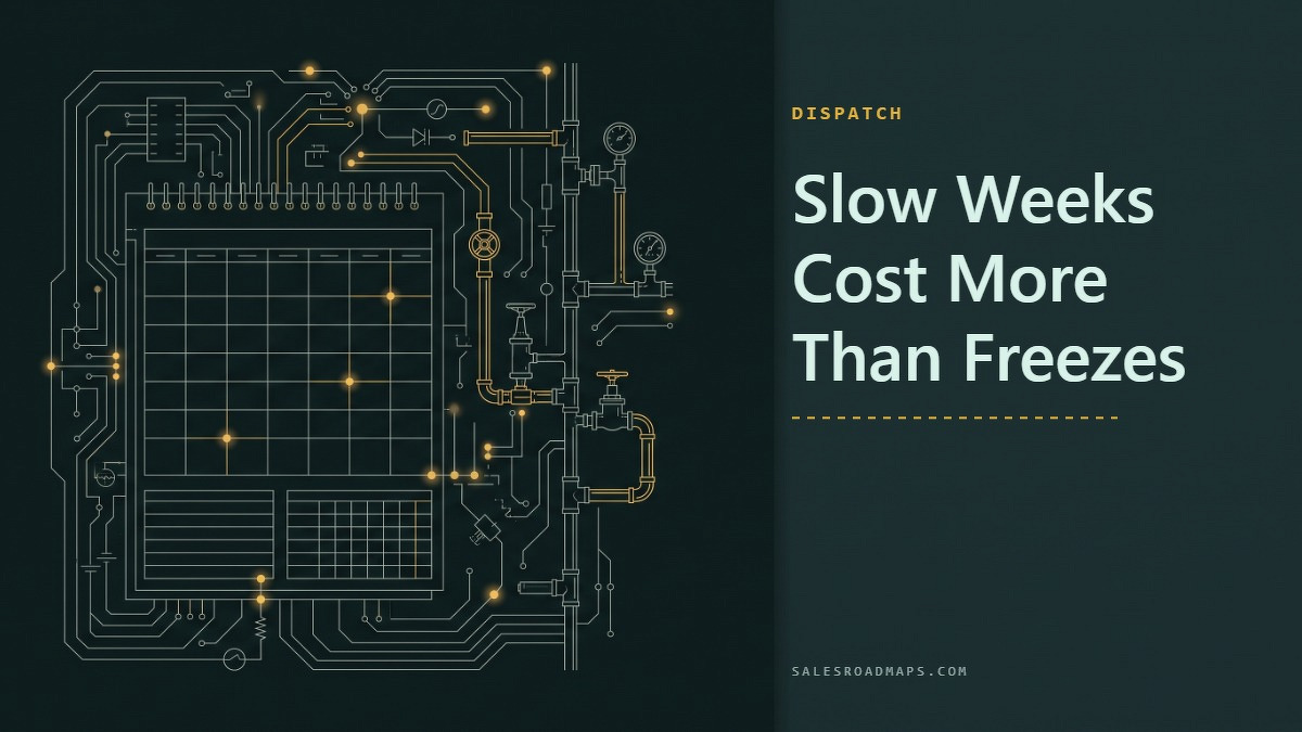 Social card for salesroadmaps.com: "Slow Weeks Cost More Than Freezes", flat-design graphic, split layout, plum palette, chart motif.