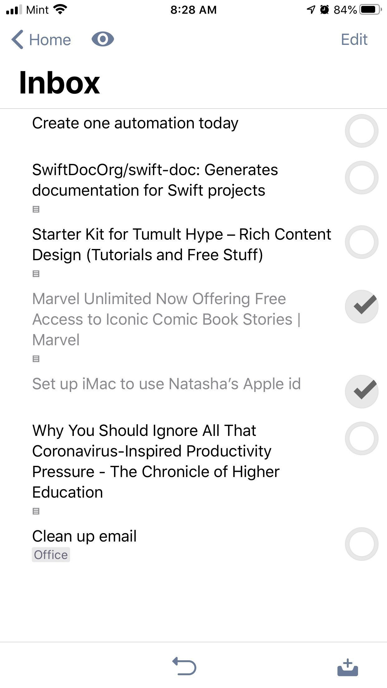 OmniFocus inbox with unfinished items.