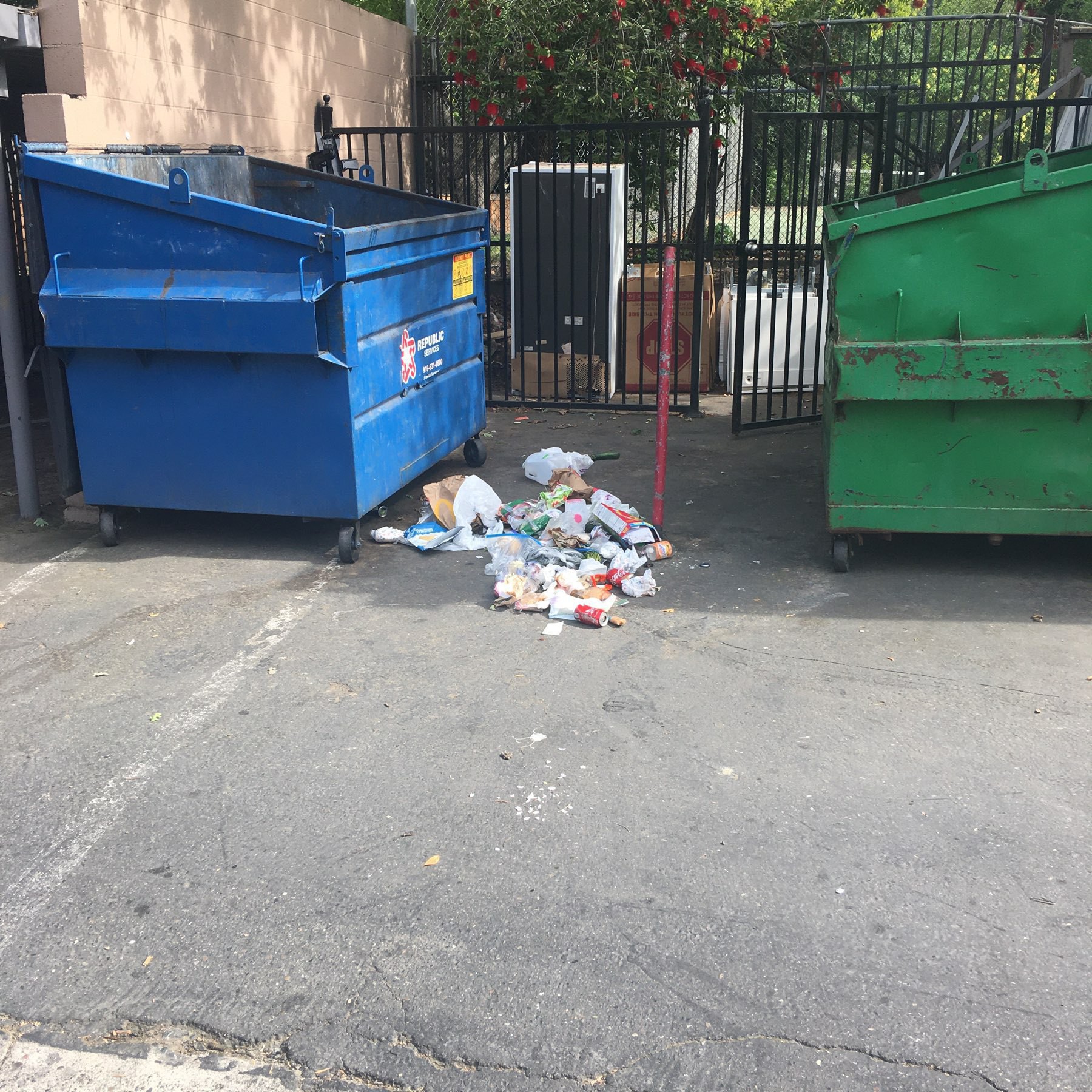 Garbage next to the dumpster. 