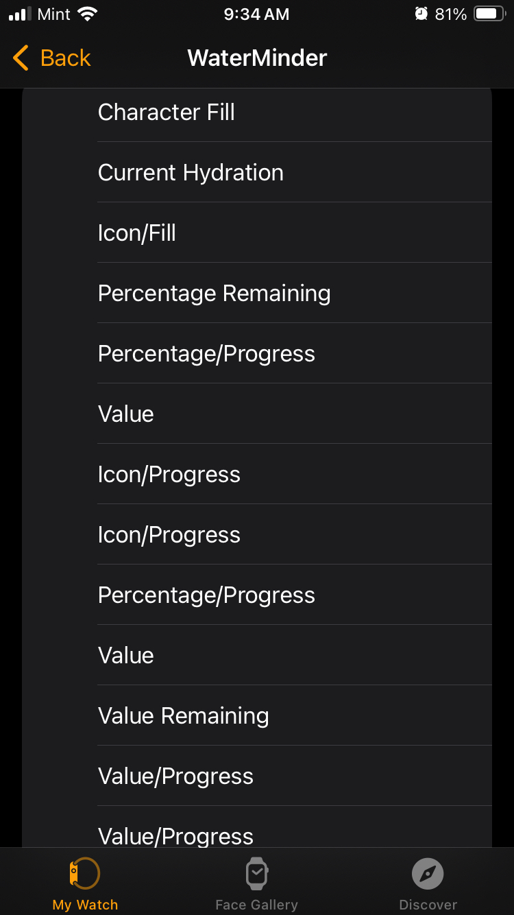 Apple Watch configuration for an app showing multiple copies of the same options. 