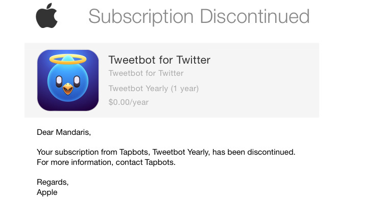 Notification that TapBots subscription is over. 