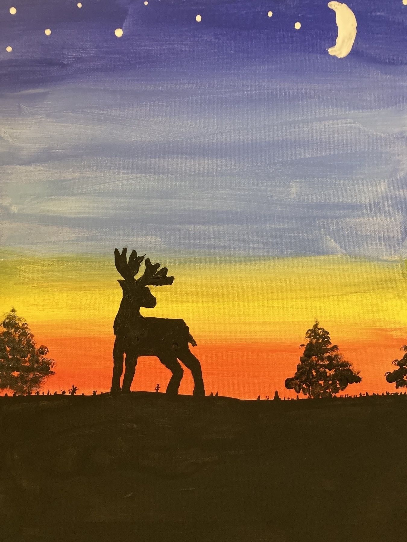 A painting of a deer at sunset with trees. 