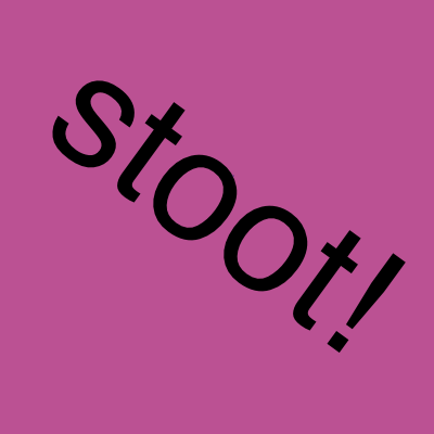 Auto-generated description: Text spelling stoot! is displayed diagonally on a pink background.