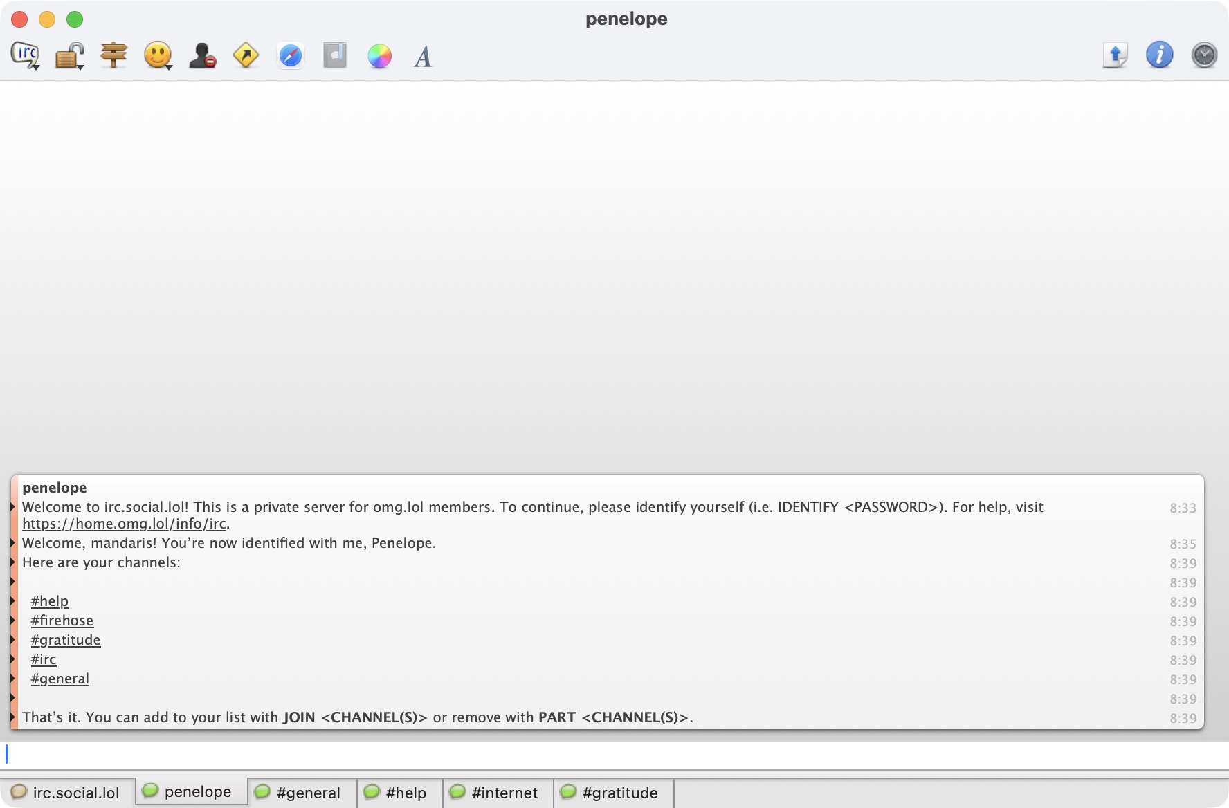 A chat interface titled penelope displays a welcome message, identity verification prompt, and a list of channels.