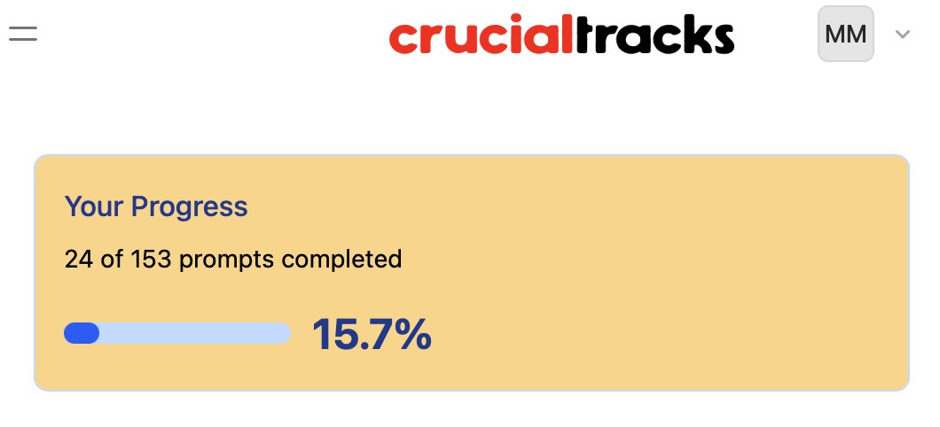 A progress tracker from crucialtracks shows 15.7% completion, with 24 out of 153 prompts finished.
