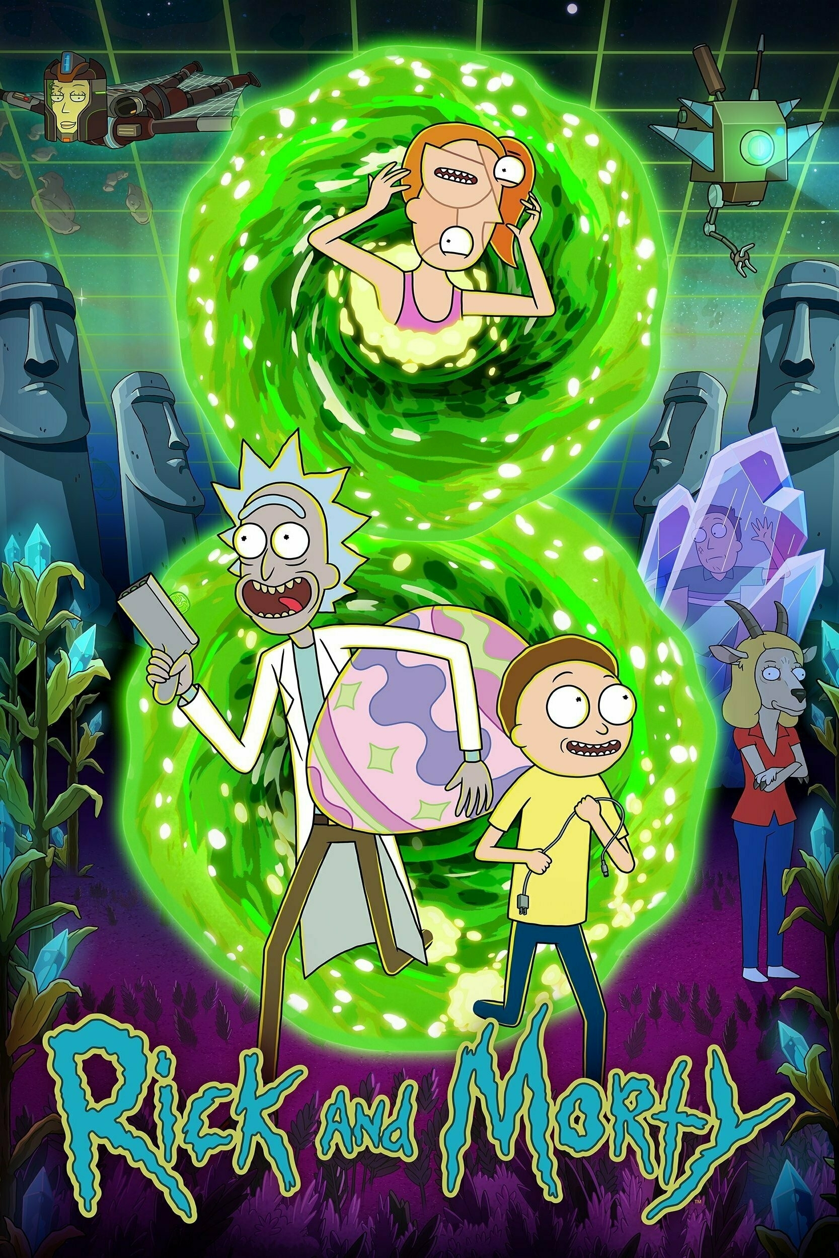 Rick and Morty coming out of a glowing number 8.