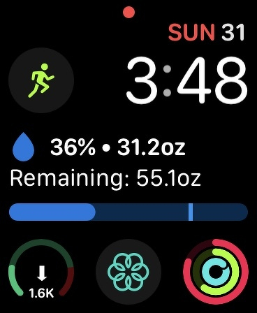 Apple watch homescreen showing water levels, food intake, mindfulness, and rings.
